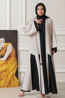 عباية زاهية كلوش مع تدخيلات قماش بيج مع أسود