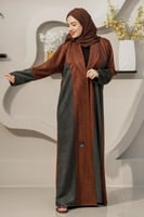 عباية شتوية شاموه بني مع تدخيلات قماش زيتي