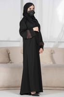 عباية كلاسيك بياقة طويلة مع تدخيلات قماش بني