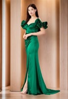 أميرة فستان سهرة طويل ساتان أخضر زمردى