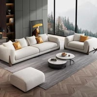 طقم غرفة معيشة ثلاثة قطع خشب سويدي و كتان - بيج