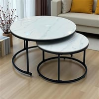 طقم طاولات قهوة دائرية بتصميم رخامي أبيض (قطعتين)