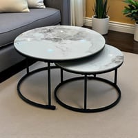 طقم طاولات قهوة دائرية بتصميم رخامي أبيض رمادي (قط...