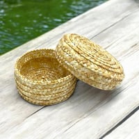 مجموعة من 12 قطعة من السلال الخوص بغطاء بشكل دائري