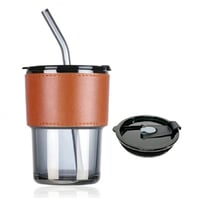 مجموعة (12) كوب زجاجي 400 مل مع مسكة جلد ومصاص