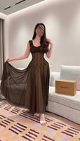 فستان ناعم ميدي راقي كسرات بالون البني
