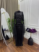 فستان سهره باكمام طويله تل ترتر لولو لونين