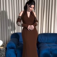 فستان سهره بني تطريز ع الاكمام رهيب