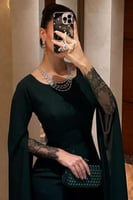 فستان كريب سترتش كم شيفون دانتيل مشجر