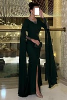 فستان كريب سترتش كم شيفون دانتيل مشجر