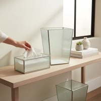 طقم سلة نفايات مع علبة مناديل زجاج فضي