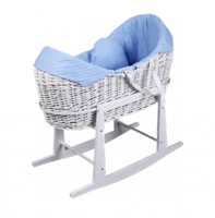 سرير سلة موسى مع قاعدة خشب هزاز ابيض لون ازرق