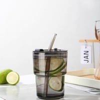 كوب زجاجي مع مزاز وغطاء محكم الإغلاق أسود 320 مل