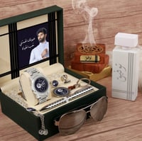 طقم هدية رجالي أنيق مع ساعة جلد وكبك ومبخرة