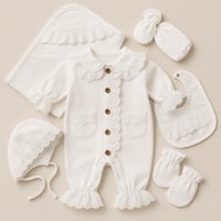 طقم مواليد بناتي 5 قطع دانتيل وكشكشة – أبيض