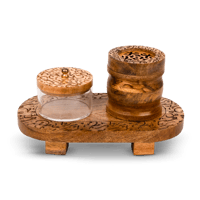 طقم مباخرة خشبي بني فاتح شكل بيضوي مع صندوق شفاف م...