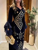 فستان سهرة أسود تطريز ذهبي بقصة أنيقة وأكمام جورجي...