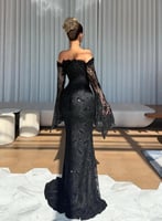 فستان سهرة أسود أوف شولدر دانتيل فاخر بتطريز خرز