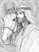 لوحة تلوين لفارس عربي مع خيله – عمل خطي قابل للطبا...