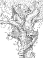 شجرة منزل خيالي – رسم خطي قابل للطباعة والتلوين Fa...