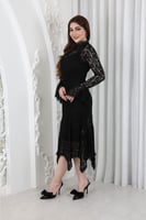 فستان دانتيل بطيات على الخصر Black