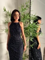 فستان سهره حفر شك ولؤلؤ كحلي غامق