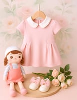 فستان مواليد بناتي وردي أنيق بياقة بيضاء – هدية را...