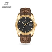 ساعة رجالية بسوار بني واطار ذهبي