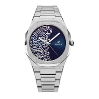 ساعه رجاليه معدن فضي مينا أزرق حروف عربيه