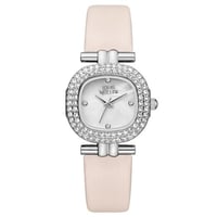 ساعة نسائية فاخرة بسوار وردي فاتح وإطار فضي مرصع ب...