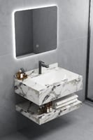 مغسلة رخام صناعي بلون رخامي أبيض وأسود مع مرآة مضي...