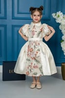 فستان بناتي عاجي مطبوع بالورود مع أكمام منتفخة ويا...