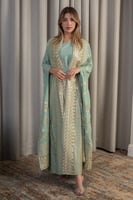 جلابية أخضر فاتح فاخرة بتطريز ذهبي أنيق ولمسة راقي...