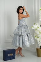 فستان فضي أنيق بطبقات لامعة وقصة أنثوية