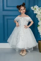 فستان بناتي أبيض منفوش بأكتاف ساقطة وتطريز لامع فا...