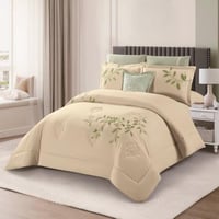 مفرش نرجس – صيفي مطرز - مزدوج 7 قطع – بيج + زيتي