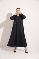 عباية كتان بالطو بجيوب بطانة مشجر كحلي