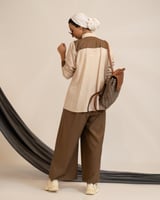 بدله قميص لنن بقصة كتف مع بنطلون -بيج