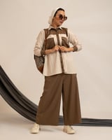 بدله قميص لنن بقصة كتف مع بنطلون -بيج
