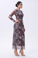 فستان مطبع بنقشة ترابي بأكمام