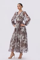 فستان طويل ترابي بحزام خصر