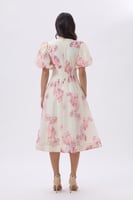 فستان ميدي مورد بأكمام منفوخه