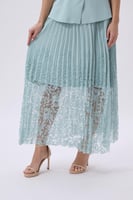 طقم تركوازي أنيق بلوزة وتنورة ميدي بكسرات | Prando