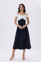 فستان ميدي أبيض وأسود للعيد | فستان أوف شولدر أنيق