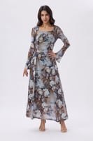 فستان ميدي مورد بأكمام طويلة