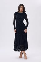 فستان ميدي دانتيل اسود عاجي بأكمام طويلة