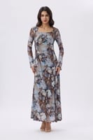 فستان ميدي مورد بأكمام طويلة