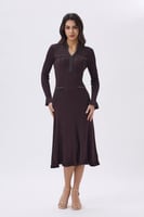 فستان ميدي بني أنيق بتطريز ناعم