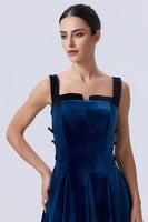 فستان سهره مخملي بربطات جانبية أزرق بترولي