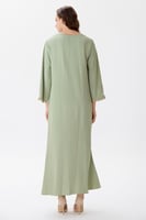 جلابية كتان اخضر بتقليم ذهبي